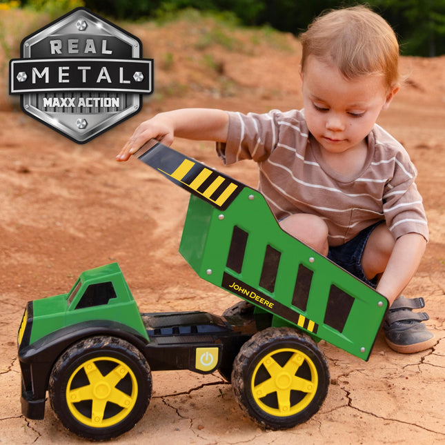 John Deere 16" Metal Dump Truck, Realistic Lights & Sounds, Heavy Duty Metal Truck Bed, Extra Large Wheels, Rugged Construction Vehicle Toy for Kids, Ages 3+, Indoor and Outdoor Play