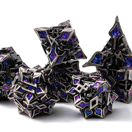 Metal Dice for DND - Spire Sanctum Series (Antique Silver Purple Glitter)