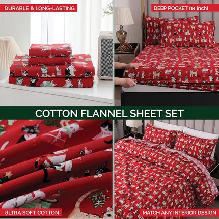 Elegant Comfort Ultra Soft 4-Piece 100% Turkish Cotton Flannel Sheet Set - Holiday Christmas Flannel Sheets, Warm and Cozy Premium Quality, Deep Pocket Fitted Sheet- Twin, Cats in Holiday