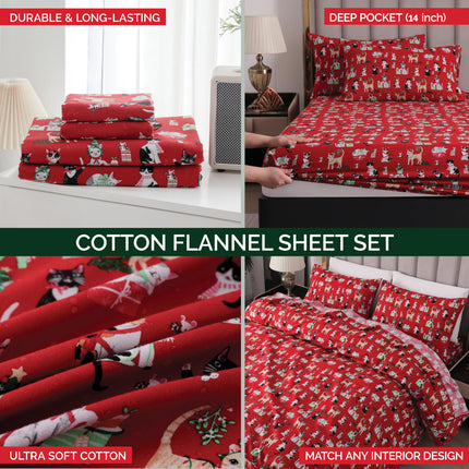 Elegant Comfort Ultra Soft 4-Piece 100% Turkish Cotton Flannel Sheet Set - Holiday Christmas Flannel Sheets, Warm and Cozy Premium Quality, Deep Pocket Fitted Sheet- Twin XL, Cats in Holiday