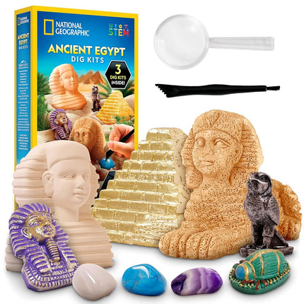 National Geographic Ancient Egypt Dig Kit – Includes Pyramid, Sphinx & Pharaoh-Shaped Dig Bricks with Real Gemstones & Replica Artifacts, Archeology Kit and Gems for Kids, Gift for Girls and Boys