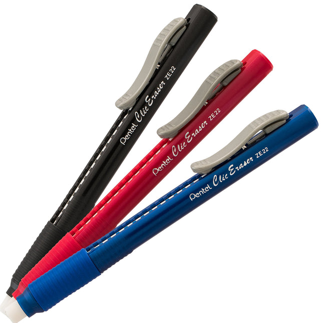 Clic Eraser Grip Retractable Eraser with Grip Office Barrel Colors (Black, Red, Blue) 7 Pack