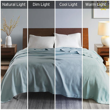 Madison Park Soft Certified 100% Egyptian Cotton Breathable Cozy Blanket, Premium Waffle Knit Classic Design, Luxury All Season Lightweight Cover for Bed, Couch and Sofa, Light Blue King(108"x90")