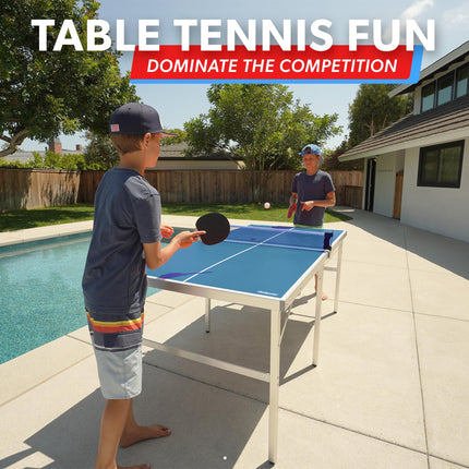 GoSports Juego de tenis de mesa mediano de 1.83 m x 0.91 m - Juego de tenis de mesa portátil para interior/exterior con red, 2 paletas de tenis de mesa y 4 pelotas - Azul