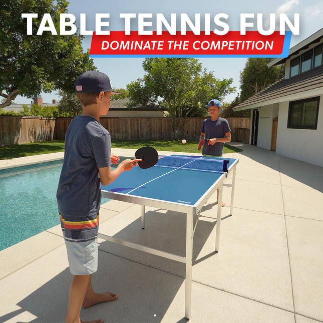 GoSports Juego de tenis de mesa mediano de 1.83 m x 0.91 m - Juego de tenis de mesa portátil para interior/exterior con red, 2 paletas de tenis de mesa y 4 pelotas - Azul