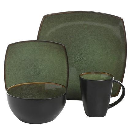Gibson Soho Lounge Square Reactive Glaze Stoneware Dinnerware Set, Service for 4 (16pc), Green
