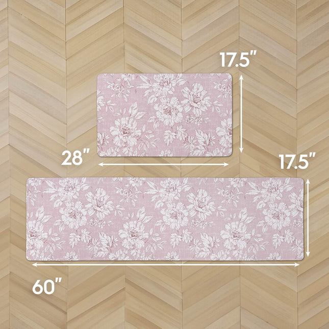 Laura Ashley - Anti-Fatigue Kitchen Mat, Iris Floral Design, Stain, Water & Fade Resistant, Cooking & Standing Relief, Non-Slip Backing, 2 Piece Set: 17.5" x 60" / 17.5" x 28" Soft Pink Iris