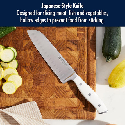 HENCKELS Forged Accent Razor-Sharp 7-inch Hollow Edge Santoku Knife, White Handle, German Engineered Informed by 100+ Years of Mastery
