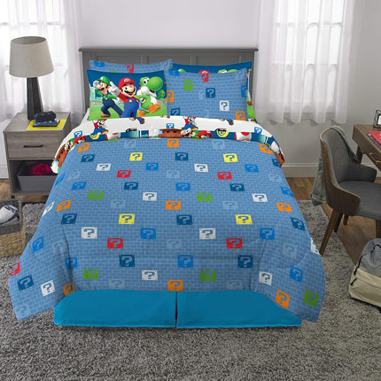 Franco Super Mario Bros. Kids Bedding Super Soft Comforter and Sheet Set with Sham, 7 Piece Queen Size, (Official Licensed Product)