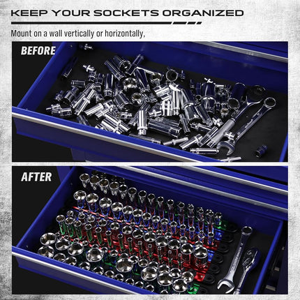 Magnetic Socket Holder Organizer Set: 9-Piece Detachable 1/4, 3/8, 1/2 Socket Trays Socket Organizer for Tool Box Drawer Holds 120-Piece Standard Size Sockets for Automotive Garage(Blue Red Green)
