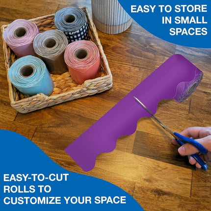 Carson Dellosa 65Ft of Purple Bulletin Board Borders, 1 Roll of Scalloped Trim for Rolling Whiteboard, Cork and Posterboard, Party, Office Decorations, and Classroom Decor