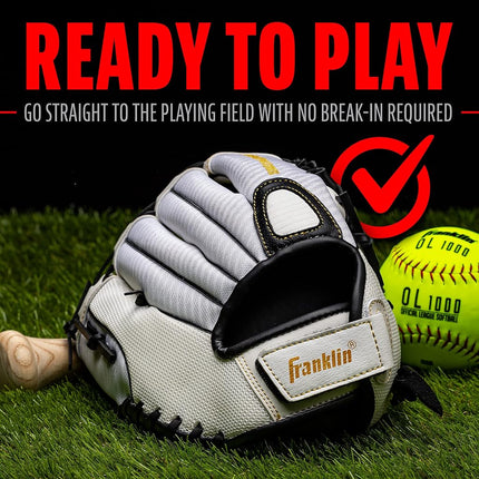 Guante de sóftbol Franklin Sports Fastpitch - Fastpitch Pro - Guante de sóftbol para adultos y jóvenes - Para cuadro interior y exterior - Guante para mano derecha - Blanco/Dorado - 13" para diestros