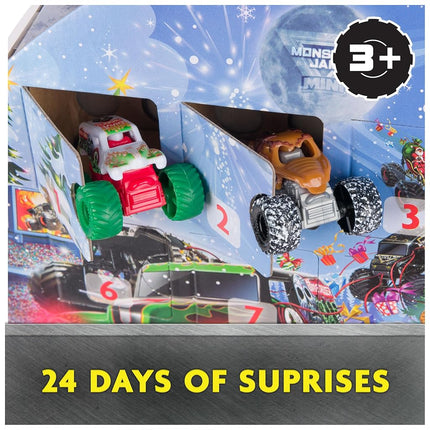 Calendario de Adviento de Navidad Monster Jam Mini, 24 días de mini Monster Trucks y accesorios, escala 1:87, juguetes para niños y niñas de 3 años en adelante