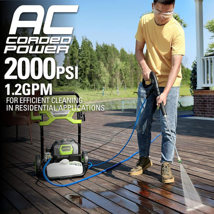 Greenworks 2000 PSI (1.2 GPM) Electric Pressure Washer (25°, 40°, Soap, and Turbo Nozzle) for Use On Decks, Fences, Concrete Patios, Sidewalks & More. Medium-Duty