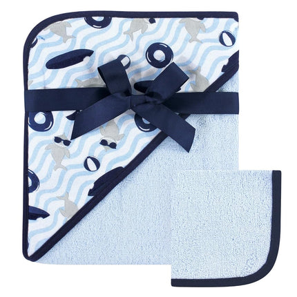 Hudson Baby Unisexe Bébé Coton Serviette à Capuche et Gant de Toilette, Requin, Taille Unique