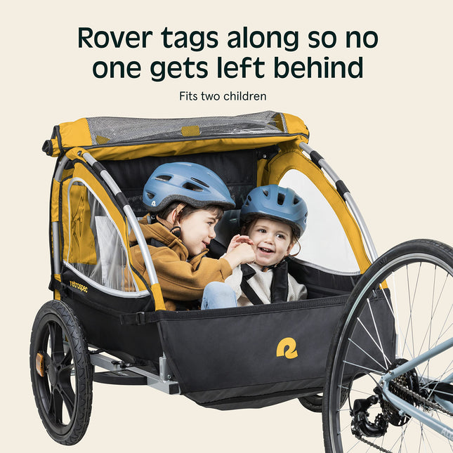 Retrospec Rover Kids Bicycle Trailer - Double Passenger Children�s Foldable/Collapsible Tow Behind Bike Trailer with 16" Wheels, Safety Reflectors & Rear Storage Compartment - Sun