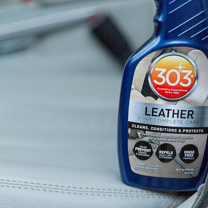 303® Automotive Leather 3-in-1 Complete Care Spray, conditions leather to prevent cracking and fading, strong UV protection, safe for all finished leather and vinyl (30218) 473 ml
