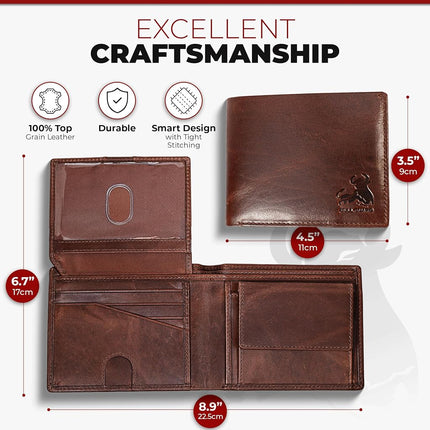 RFID Bifold Leather Wallet For Men with Flip Up ID in Vintage Buffalo Brown, With Coin Pocket - Forest Brown, Bifold Wallet