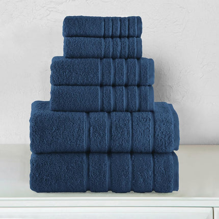 Elegant Comfort 4 Lines Viscose Stripe 6-Piece Premium Towel Set - 100% Turkish Cotton High Absorbent Luxury Bathroom Towels – Includes 2 Washcloths, 2 Hand Towels and 2 Bath Towels Set, Navy Blue