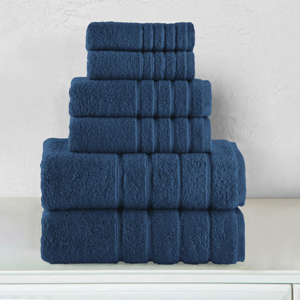Elegant Comfort 4 Lines Viscose Stripe 6-Piece Premium Towel Set - 100% Turkish Cotton High Absorbent Luxury Bathroom Towels – Includes 2 Washcloths, 2 Hand Towels and 2 Bath Towels Set, Navy Blue