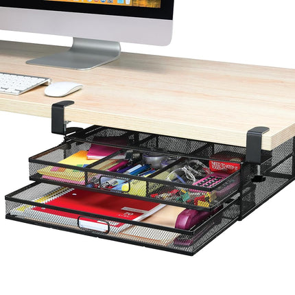 Under Desk Drawer Organizer Clamp-On, Mesh Metal D
