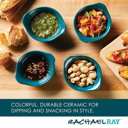 Rachael Ray Solid Glaze Ceramics Round Ramekins/Dipping Cup Set, 4 Piece, Teal