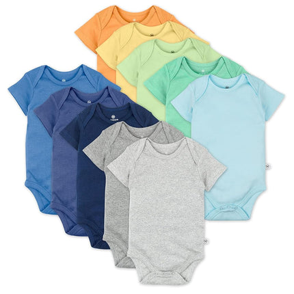 Honestbaby 10-Pack Short Sleeve Bodysuits One-Piece 100% Organic Cotton for Infant Baby Boys, Girls, Unisex, Rainbow Blues, 12 Months