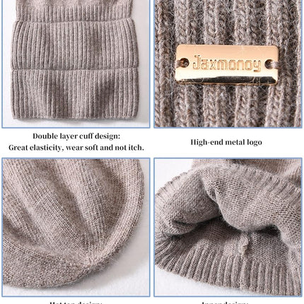 jaxmonoy Bonnets slouchy en cachemire pour femmes, hiver léger, bonnet tricoté en laine pour filles, bonnet slouch doux et chaud avec revers, marron, M