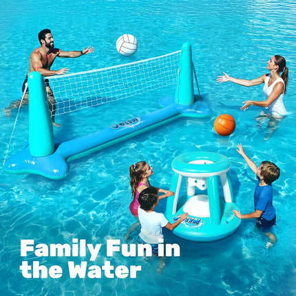 JOYIN Inflatable Pool Float Set Volleyball Net & Basketball Hoops, Floating Swimming Game Toy for Kids/Adults, Summer Floaties, Volleyball Court(105"x28"x35")|Basketball hoop(27"x23"x27"),Blue