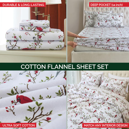 Elegant Comfort Ultra Soft 4-Piece 100% Turkish Cotton Flannel Sheet Set - Holiday Christmas Flannel Sheets, Warm and Cozy Anti-Pill Premium Quality, Deep Pocket Fitted Sheet- Twin XL, Cardinal