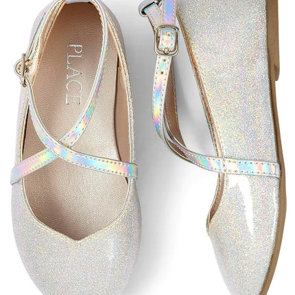The Children's Place Baby Girls Glitter Cross Strap Ballet Flats, Silver Sparkle, 6 Toddler