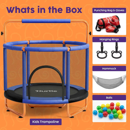 Hurtle Kids Trampoline 55 Inch with Enclosure Indoor Outdoor – Toddler Trampoline with Swing, Gymnastic Rings, Boxing Bag, Adjustable Bar 54kg Capacity for Age 3+