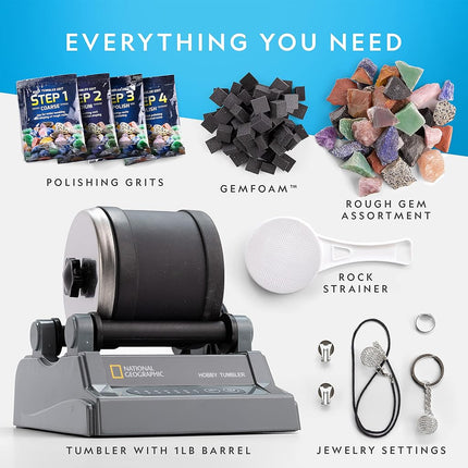 National Geographic Hobby Rock Tumbler Kit � Durable Leak-Proof Rock Polisher with 7-Day Timer, Complete Rock Tumbling Kit with Grit, Jewelry Settings & GemFoam Polish, Educational STEM Science Kit