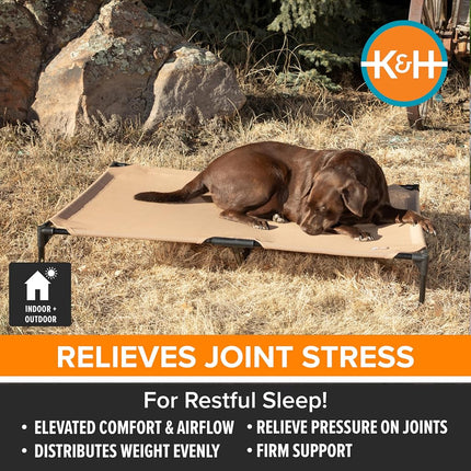 K&H Pet Products Elevated Outdoor Dog Cot Bed, Raised Cooling Bed with Washable Breathable Mesh for Medium Dogs, Portable Raised Platform Pet Bed, Heavy Duty Metal Frame Hammock Bed, Medium, Tan