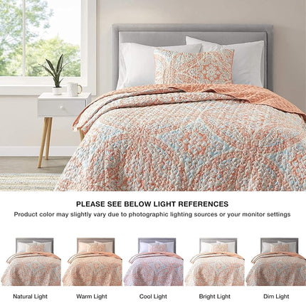 Comfort Spaces Reversible Quilt Set-Vermicelli Stitching Design All Season, Lightweight, Coverlet Bedspread Bedding, Matching Shams, Twin/Twin XL (66 in x 90 in, Gloria Damask Coral 2 Piece