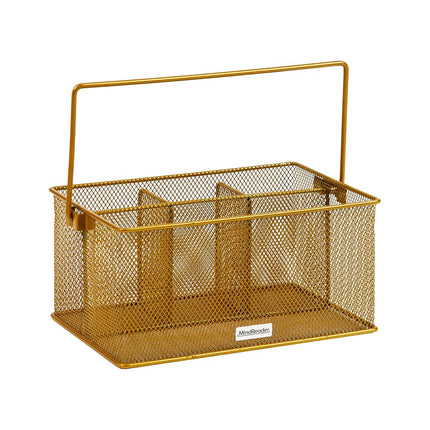 Mind Reader Metal Mesh Basket with Handle, Storage Basket Organizer, Utensil Holder, Forks, Spoons, Knives, Napkins, Perfect for Desk Supplies, Pencils, Pens, Staples, Gold
