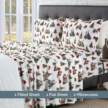 Elegant Comfort Luxuriously Soft 4-Piece Holiday Velvet Plush Flannel Sheet Set - Premium Quality - Cozy Warm, Christmas Fuzzy Velvet Flannel Fleece Deep Pocket Sheet Set - Twin XL, Bungalow
