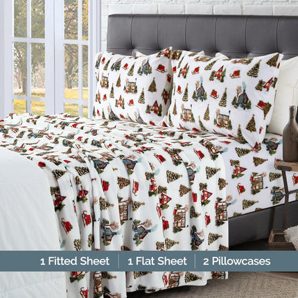 Elegant Comfort Luxuriously Soft 4-Piece Holiday Velvet Plush Flannel Sheet Set - Premium Quality - Cozy Warm, Christmas Fuzzy Velvet Flannel Fleece Deep Pocket Sheet Set - Twin XL, Bungalow
