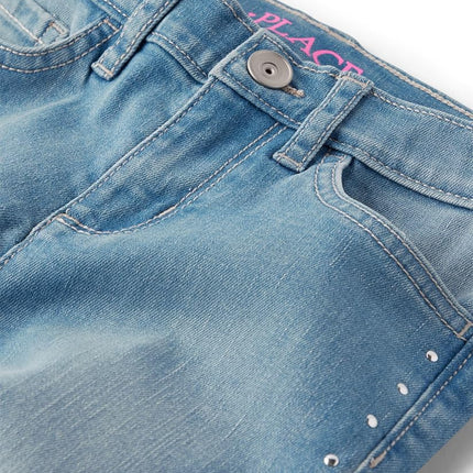 The Children's Place Girls' Denim Flare Jeans, Lt Med Wash Studded, 4
