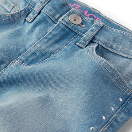 The Children's Place Girls' Denim Flare Jeans, Lt Med Wash Studded, 5