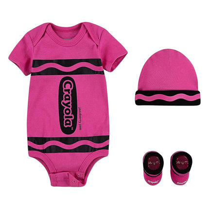 Crayola Children's Apparel Unisexe-enfant Grenouillère, chapeau et chaussons imprimés – Rose – 0-6 mois