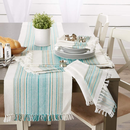 DII Fringed Stripe Tabletop, Table Runner, Cotton, Teal, 14x72