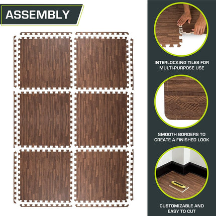 ProsourceFit Wood Grain Puzzle Mat 1/2-inch, 6 EVA Foam Interlocking Floor Tiles (24 SQ FT) for Secure Indoor Gym Flooring, Office Spaces, Living Rooms, and Play Areas, Dark Oak