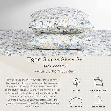 Laura Ashley Home - Queen Sheets, Soft Sateen Cotton Bedding Set - Sleek, Smooth, & Breathable Home Decor, Garden Muse Pink