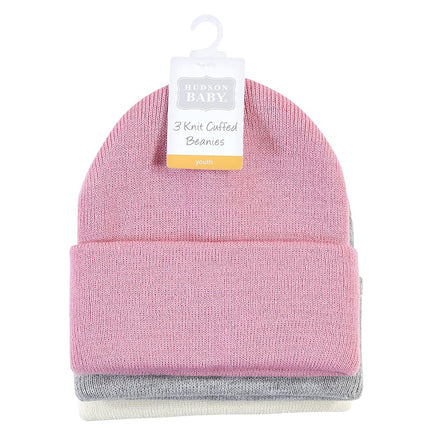 Hudson Baby Unisex Baby Knit Cuffed Beanie 3pk, Orchid Pink, Youth