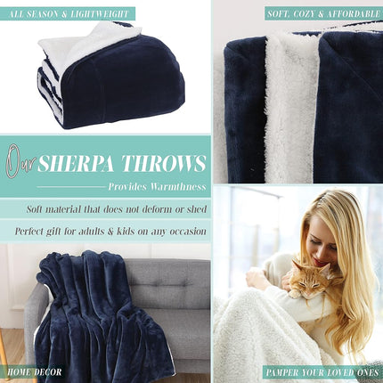 Elegant Comfort Reversible and Ultra-Plush Flannel Fleece Sherpa Throw- Lightweight Soft and Cozy- All Season Decorative Throw, Perfect for Lounging, 50 x 60 inches, Navy Blue