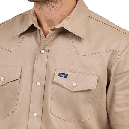 Wrangler Men's Cowboy Cut Western Long Sleeve Snap Work Shirt Firm Finish Shirt, Khaki, L