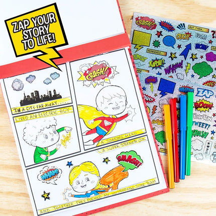 Made By Me Make Your Own Comic Book Storytelling Kit for Kids, 15-Page Hardcover Comic Book, How-to Draw Instructional Guide, Comic Inspired Stickers & Stamp, Holographic Stickers, 5 Vibrant Markers