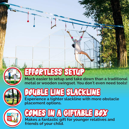 Parcours d'obstacles Double Ninja Slackline pour enfants - Ligne de 24 mètres - Équipement de jeu avec barres de singe - Parcours Ninja Warrior avec barres de singe pour enfants - Parcours d'accrobranche Ninja - Conception à double ligne brevetée