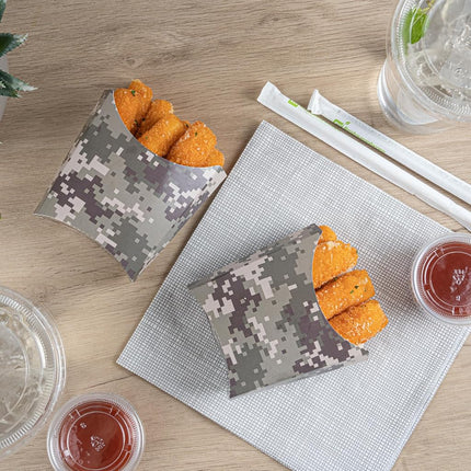 Bio Tek 4.5 x 3.2 x 3.9 Inch French Fry Cup, 100 Disposable Snack Cups - Stackable, Sustainable, Camouflage Paper 3 Ounce Fry Holder, for Fries, Onion Rings, Popcorn, or Cookies - Restaurantware